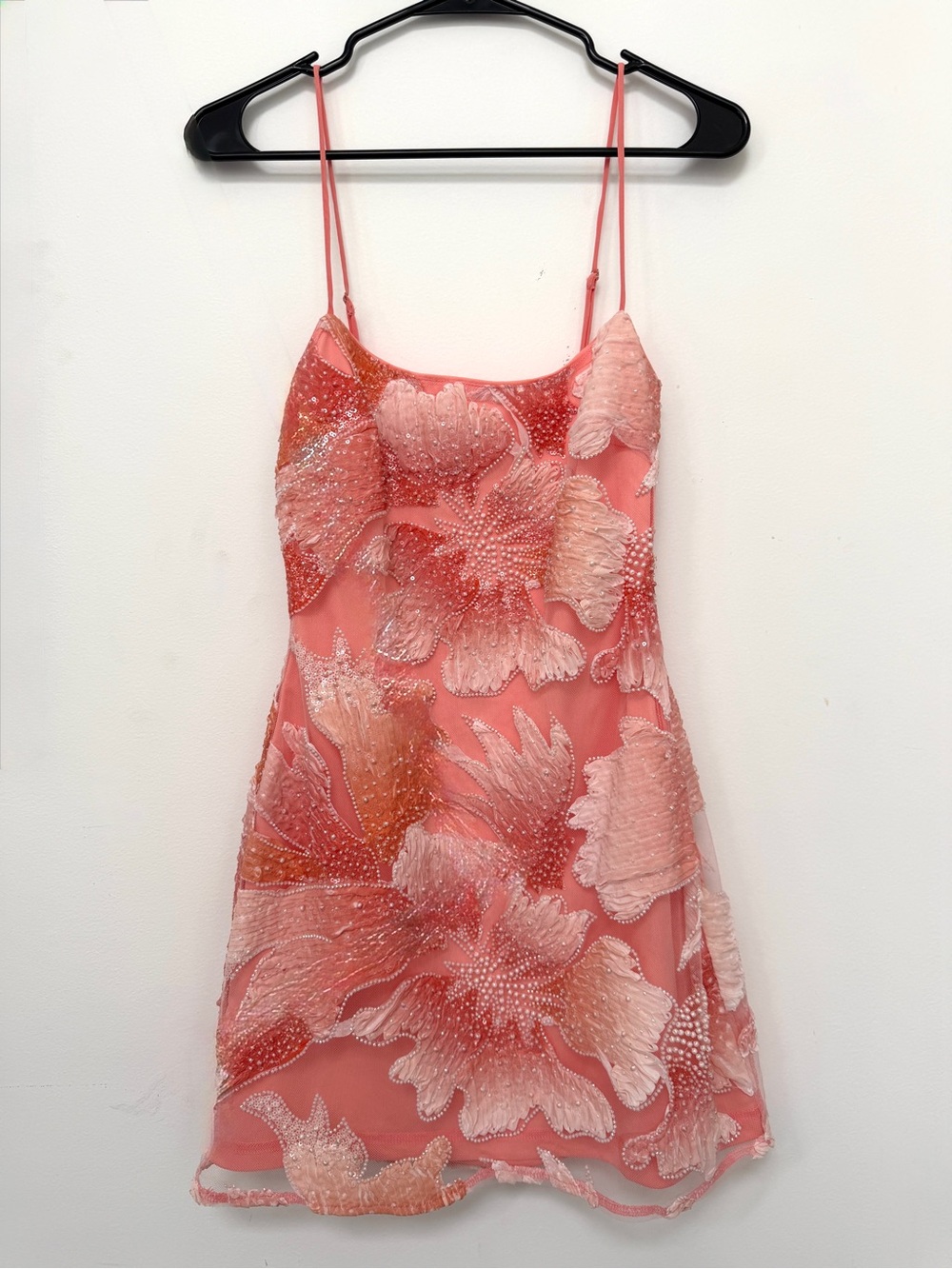 Peppermayo Coral Pink Beaded Floral Mini Slip Dress